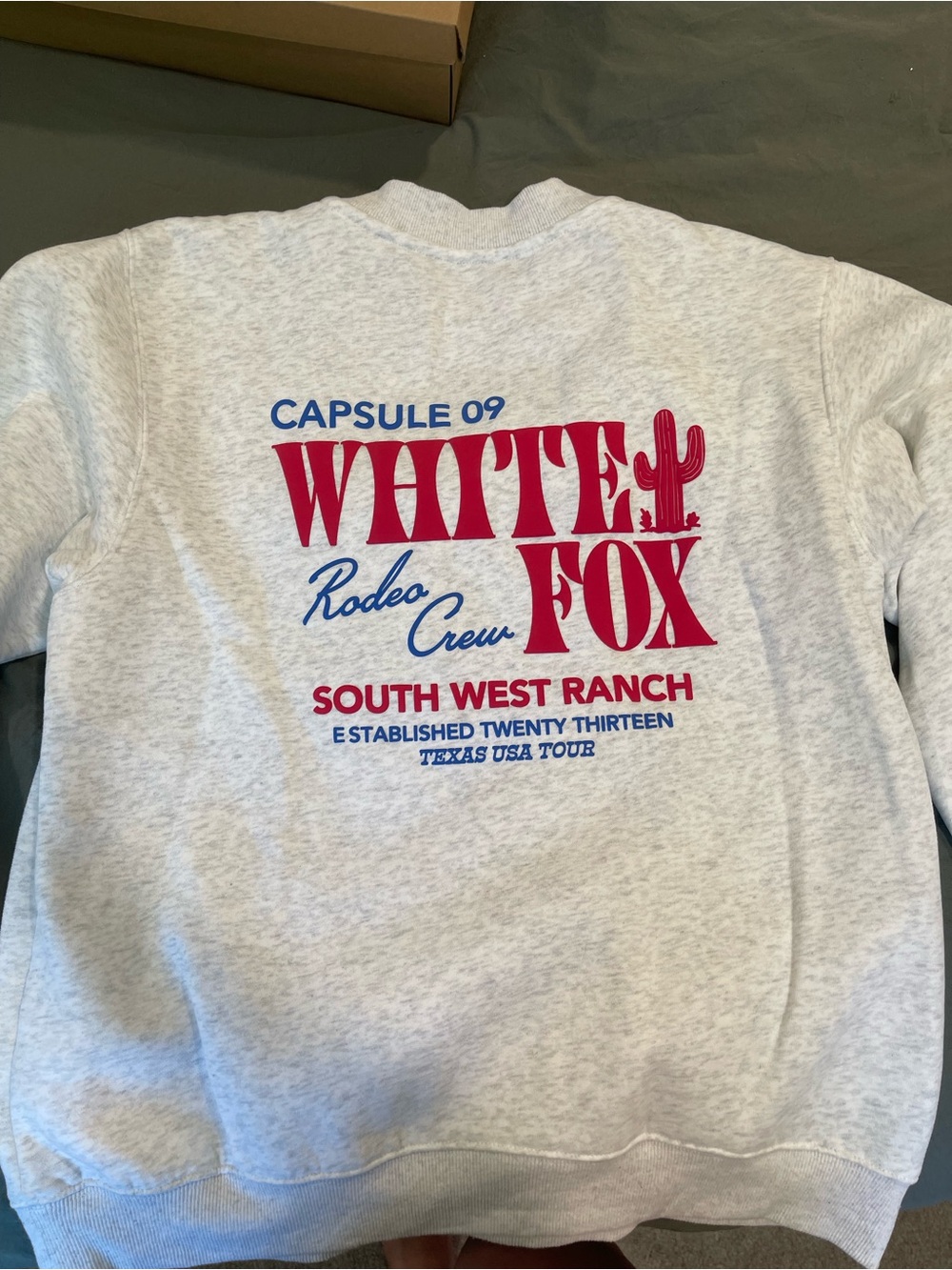 White Fox Boutique Grey Sweatshirt with Red & Blue Graphic